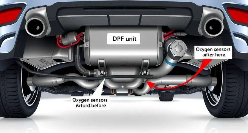 A detailed illustration of a car's exhaust system, specifically focusing on the Diesel Particulate Filter (DPF) and its associated sensors. The image should clearly show the DPF unit, the oxygen sensors located before and after the filter, and the wiring connecting them to the engine control unit (ECU). Highlight the potential areas of malfunction related to the P2455 error code, such as a clogged DPF or a faulty sensor. The background should be a clean, technical environment, like a workshop or