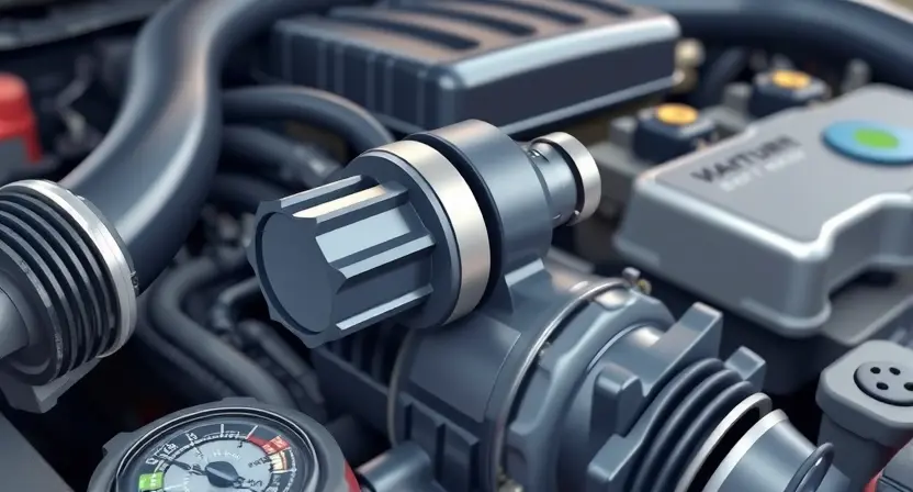 A close-up, detailed illustration of a car's engine bay, focusing on the Mass Air Flow (MAF) sensor. The sensor should be clearly visible, with surrounding engine components subtly in focus. Use bright, clean lighting to highlight the sensor's details. The overall composition should be informative and visually appealing, emphasizing the sensor's role in engine performance. No text or labels should be present on the sensor or in the image.