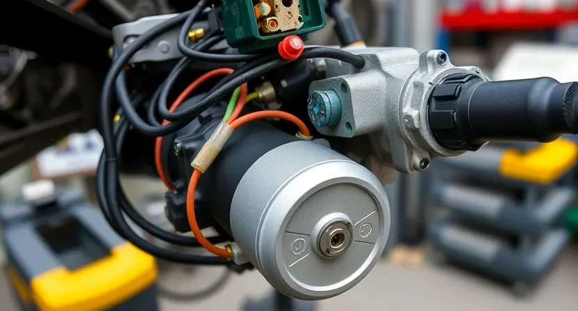 A close-up, detailed photograph of an electric power steering (EPS) unit, highlighting the internal components and wiring. Focus on the control module and motor assembly. The background should be blurred, suggesting a workshop environment.