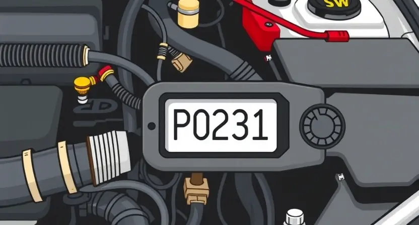 A detailed illustration of a car's engine bay with a diagnostic code reader displaying 'P0231'. The engine should be partially visible, showcasing various components like hoses, wires, and sensors. Focus on clarity and precision in displaying the code.