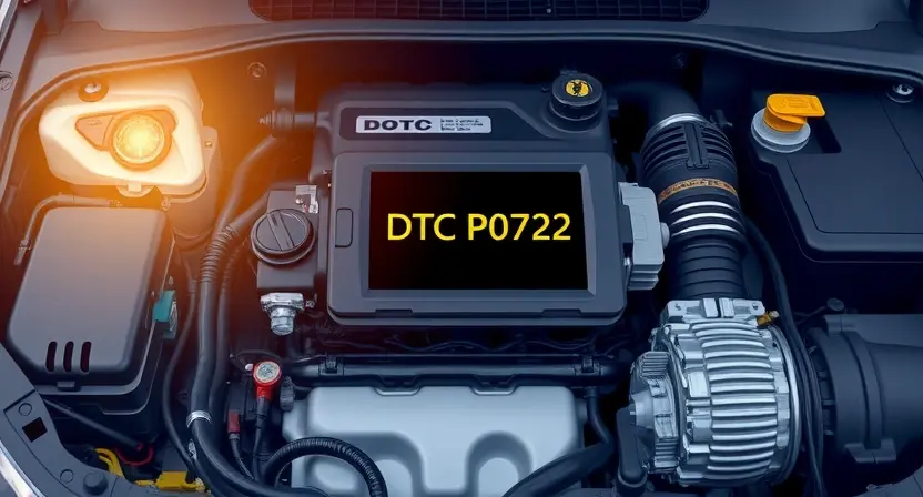 A detailed illustration of a car's engine bay with the check engine light illuminated. Focus on the diagnostic trouble code (DTC) P0722 displayed on a digital dashboard or screen within the engine bay. Include relevant car parts like the transmission, sensors, and wiring harnesses.