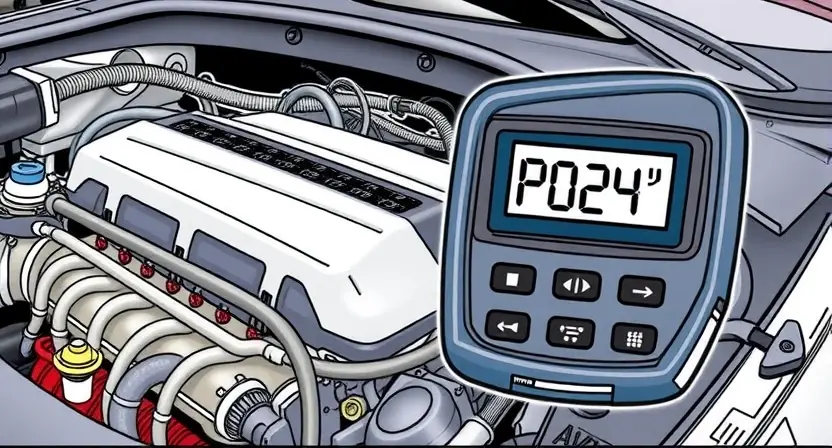 A detailed illustration of a car's engine bay with a diagnostic code reader displaying 'P0244'. The engine should be partially visible, showcasing various components like hoses, wires, and sensors. The code reader should be clearly legible, highlighting the 'P0244' error code. The background should be a slightly blurred view of the car's interior.