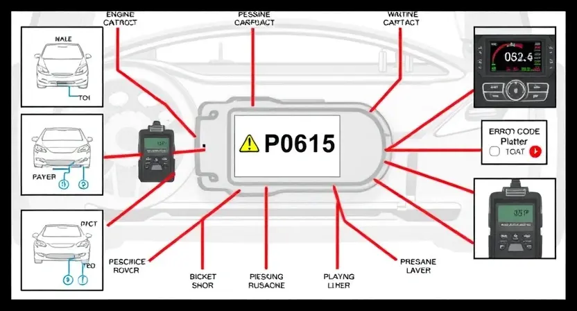 A detailed illustration of a car's engine control unit (ECU) with wiring diagrams and diagnostic tools surrounding it. Focus on the P0615 error code indicator.
