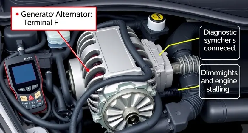 A detailed illustration of a car engine bay focusing on the generator (alternator) with terminal F highlighted, showing a low voltage signal issue, diagnostic scanner connected, visual cues of common symptoms such as dim headlights and engine stalling, all depicted realistically without any text or labels