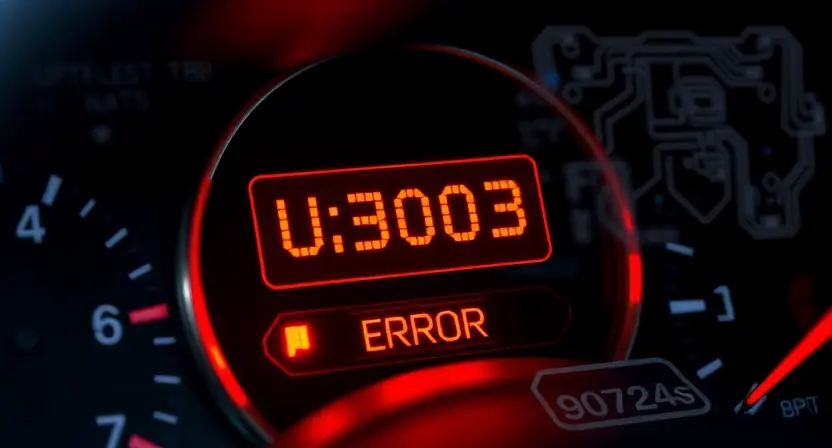 A close-up of a car dashboard with a glowing check engine light displaying error code U3003, surrounded by subtle digital glitch effects and faint wiring diagrams in the background, realistic lighting, high detail, automotive diagnostic theme