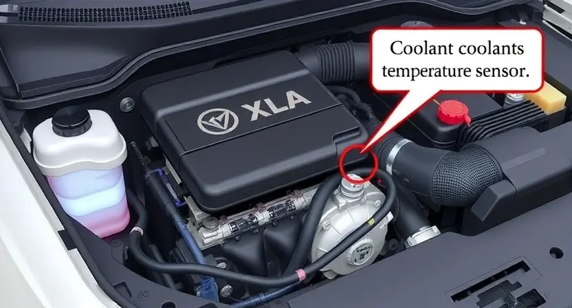 A detailed illustration of a car engine with a focus on the coolant temperature sensor and its connection to the engine control unit (ECU). The engine should be clean and well-lit, showcasing the relevant components. Include subtle visual cues representing a temperature reading slightly outside the normal range, such as a faint color gradient on the sensor or ECU display.