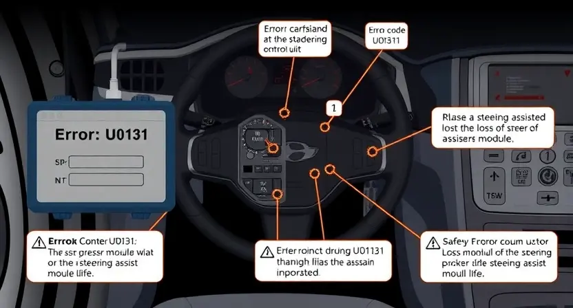 A detailed technical illustration of an automotive steering assist system showing a vehicle's electronic control unit, wiring harnesses, and diagnostic tools with clear labels for error code U0131, loss of communication with the steering assist module, and safety warnings, rendered in clean vector style with muted industrial colors