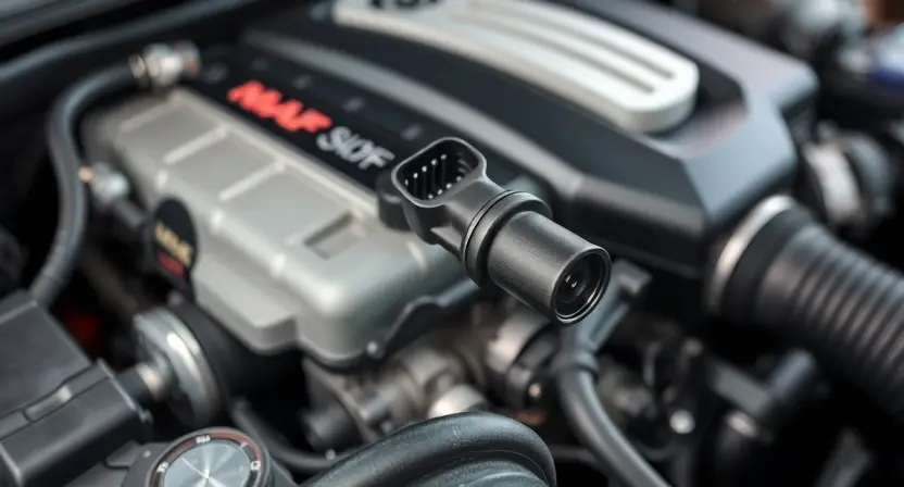 A close-up, detailed image of a car's engine bay. Focus on the mass airflow sensor (MAF sensor) and its surrounding components. The engine should appear clean and well-maintained. The lighting should be bright and even, highlighting the sensor's details.