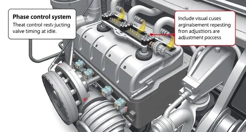 A detailed illustration of a car engine with a focus on the camshaft and valve train. The image should depict the phase control system, highlighting the mechanisms responsible for adjusting valve timing at idle. Include visual cues representing the adjustment process, such as actuators or sensors. The engine should be realistically rendered with visible components and labels indicating key parts.