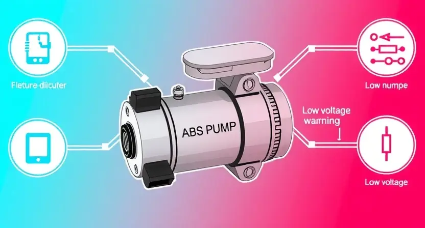 A high-quality technical illustration showing a car's ABS pump with a warning indicator for low voltage, surrounded by symbols of electrical circuits and voltage levels, clean lines, detailed components, no text or numbers on the image