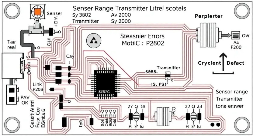 A detailed schematic diagram of a sensor range transmitter circuit board, highlighting the P2802 error indicator. Include visual representations of the sensor, transmitter, and signal path. Focus on clarity and technical accuracy.