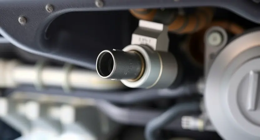 A close-up of a car's exhaust system, focusing on the oxygen sensor (lambda sensor). The sensor should be clearly visible, with wires connected to it. The background should be blurred, suggesting the engine compartment of a car. The overall lighting should be bright and clean, highlighting the sensor's details.