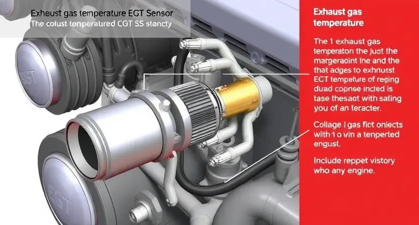 A detailed illustration of an exhaust gas temperature (EGT) sensor, highlighting its components and connections within an engine. Include a visual representation of the sensor's function in monitoring exhaust gas temperature.