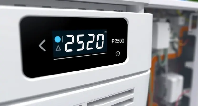 A close-up, detailed illustration of an air conditioning system's control panel displaying a low signal error message (P2520). Focus on the digital display showing the error code and a visual representation of a weak signal. Include subtle depictions of wiring and internal components in the background, suggesting a complex system.