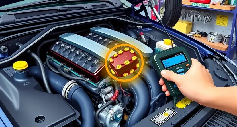 A detailed illustration of a car engine with a highlighted ignition coil, showcasing the internal components and connections. The image should depict a mechanic using a diagnostic tool to scan the engine, with a focus on the area where the P2301 error code is typically related. The scene should include a well-lit workshop environment with various automotive tools and parts in the background.