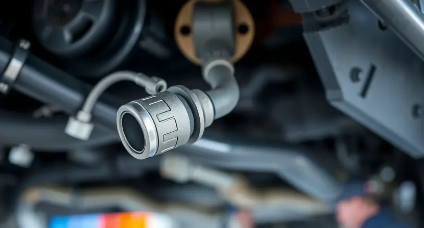 A close-up shot of a car's exhaust system, specifically focusing on the oxygen sensor. The sensor should be clearly visible, with surrounding pipes and components in focus. The background should be blurred, suggesting a workshop environment. The overall lighting should be bright and even, highlighting the details of the sensor.