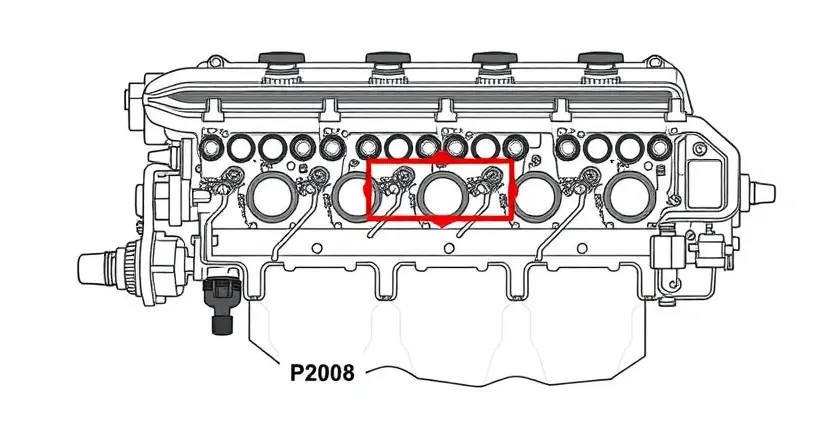 A detailed technical illustration of an intake manifold with a highlighted P2008 error code indicator. The illustration should show the internal components of the manifold, including valves, passages, and sensors. Focus on the areas related to potential vacuum leaks or airflow issues, visually representing the cause of the P2008 error. The background should be a clean, neutral color to emphasize the manifold details.
