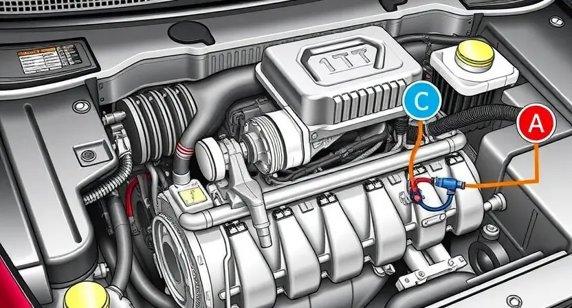 A detailed illustration of a car's engine bay, specifically highlighting the crankshaft position sensor and the associated wiring. The engine should be partially disassembled to show the sensor clearly. Focus on technical accuracy and clarity.