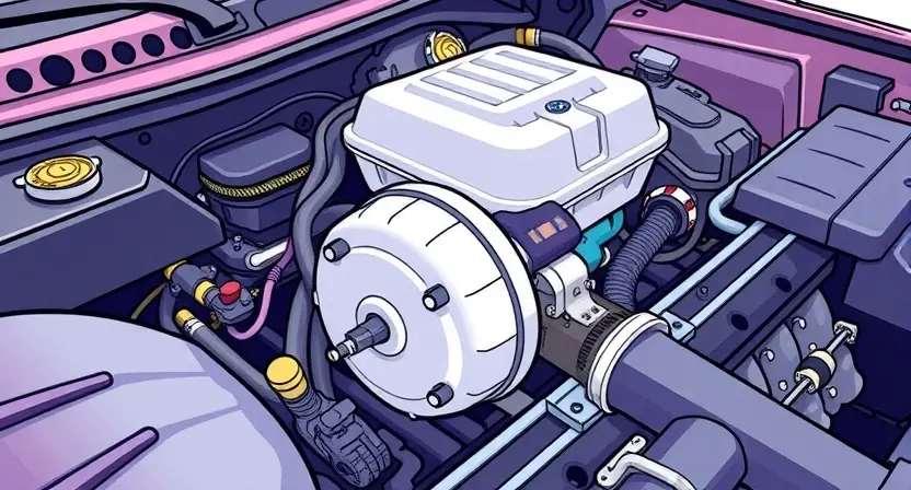 A detailed illustration of a car engine bay with a highlighted starter motor. The starter motor should be clearly visible, with wires and connections shown. The engine should be in a slightly angled perspective, showcasing the components. Focus on technical accuracy and clarity.