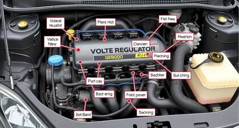 A detailed illustration of a car's engine bay, highlighting the voltage regulator and related electrical components. Focus on clear labeling of parts and wiring.