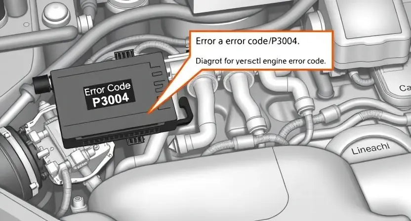 A detailed diagram illustrating a car's engine control unit (ECU) with a highlighted error code P3004. The diagram should show the ECU connected to various sensors and components of the engine. Focus on the diagnostic process and the location of the error code within the ECU's system.