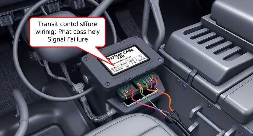 A detailed illustration of a vehicle's transfer case control module with visible wiring connections, highlighting the points where signal loss could occur. The image should depict the control module, surrounding components, and potential areas of wear or damage that could lead to communication failure. The scene should be realistic and technical, focusing on the mechanical and electrical aspects of the system.