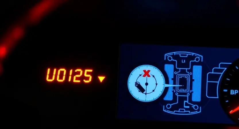 A modern vehicle dashboard with a warning light illuminated showing 'U0125' error code, a multi-axis acceleration sensor icon with a broken connection symbol (like a red X or dashed lines) near the sensor location in the engine bay or chassis area, technical diagram style with subtle circuit lines and sensor data flow interrupted, dark automotive theme with cool blue and red accents, no text visible except the error code on the dashboard