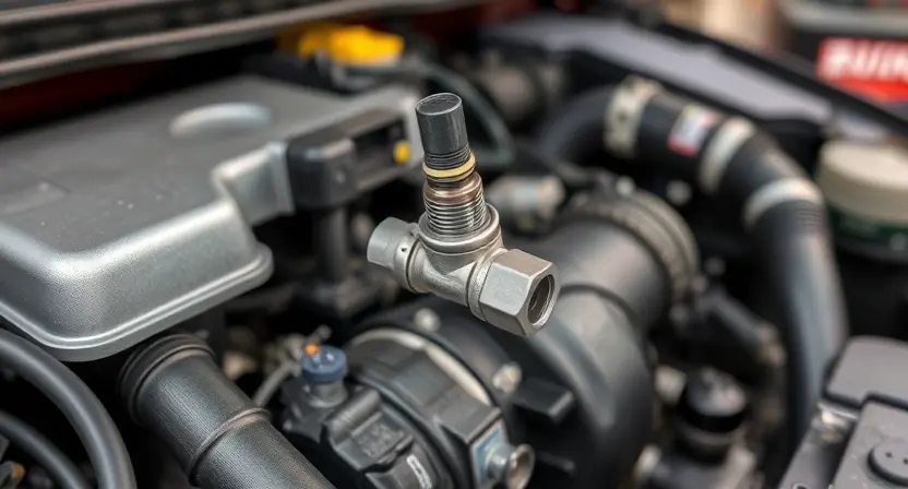A close-up, detailed illustration of a car engine with a focus on the oxygen sensor and related components. The engine should appear clean and well-maintained. Highlight the sensor's location and connection points. The background should be blurred, suggesting a garage or workshop environment.
