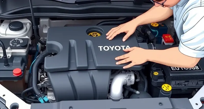 A close-up, detailed illustration of a Toyota engine bay with a mechanic inspecting the engine. Focus on the engine control unit (ECU) and related sensors. The engine should appear clean and well-maintained. Include subtle visual cues indicating a potential issue, like a slightly loose hose or a sensor with a faint discoloration.