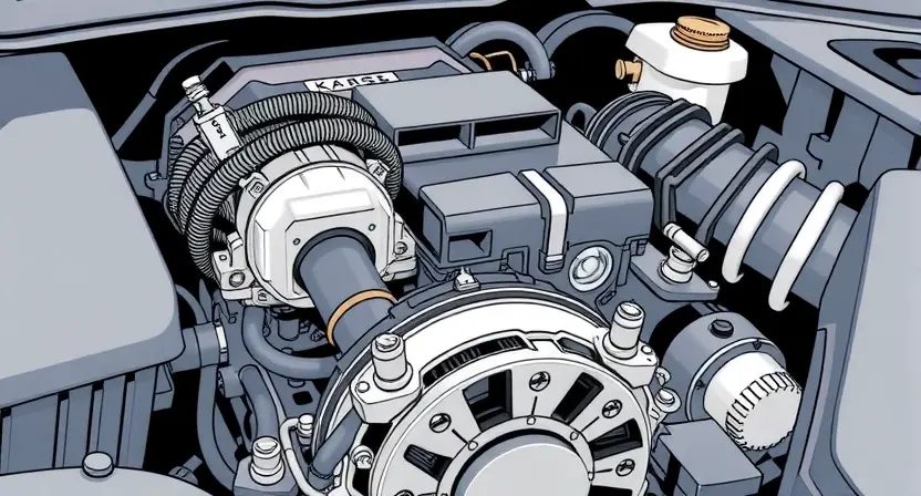 A close-up, detailed illustration of a car's engine bay. Focus on the mass airflow sensor (MAF sensor) and its surrounding components. The sensor should be clearly visible, with wires and hoses connected. The engine bay should appear clean and well-maintained. The overall lighting should be bright and even, highlighting the details of the sensor and its connections.
