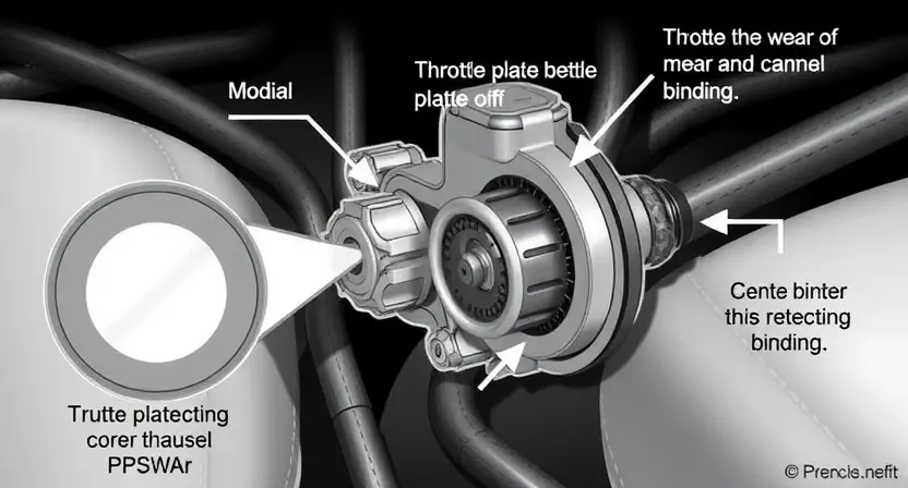 A detailed illustration of a car's throttle body and its linkage mechanism. Highlight the potential points of friction and wear that can cause a P2005 error. Show a close-up of the throttle plate and its movement. Include arrows indicating the direction of movement and potential binding. Focus on mechanical components, not electrical wiring.