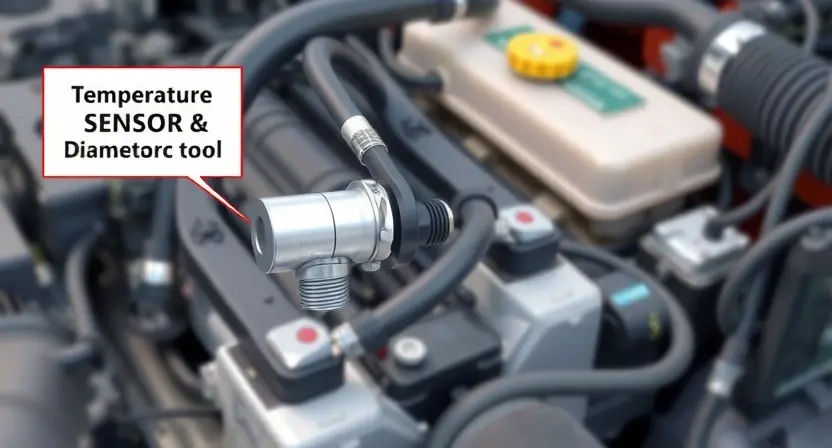 A detailed illustration of an automotive engine bay with a focus on the temperature sensor and its wiring. The sensor should be clearly visible, along with associated connectors and diagnostic tools. The background should be slightly blurred to emphasize the sensor.