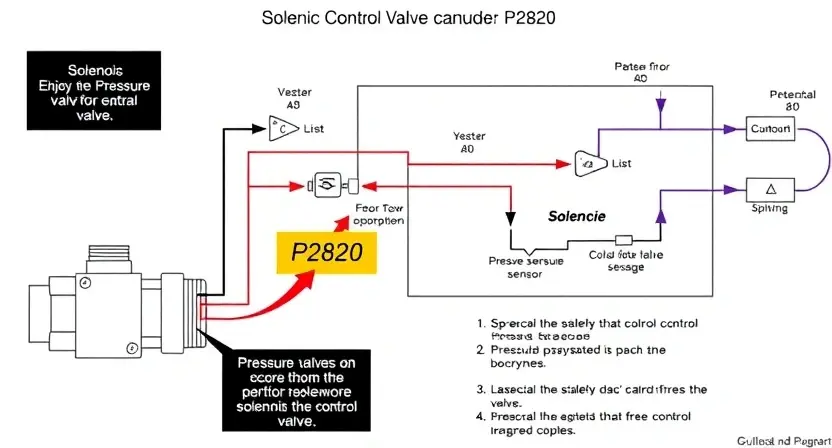 A detailed schematic diagram of a solenoid control valve, highlighting the P2820 error code and potential causes. Include visual representations of the solenoid, pressure sensor, and control circuit. The diagram should be clean, well-labeled, and easy to understand.