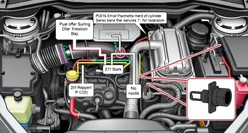 A detailed illustration of an automotive engine bay, focusing on the sensor circuit for the third bank of cylinders. The image should depict wiring diagrams, sensors, and components related to the P0166 error code. Include visual representations of the sensor's location and connections. The overall aesthetic should be technical and informative, suitable for a repair manual or diagnostic guide.