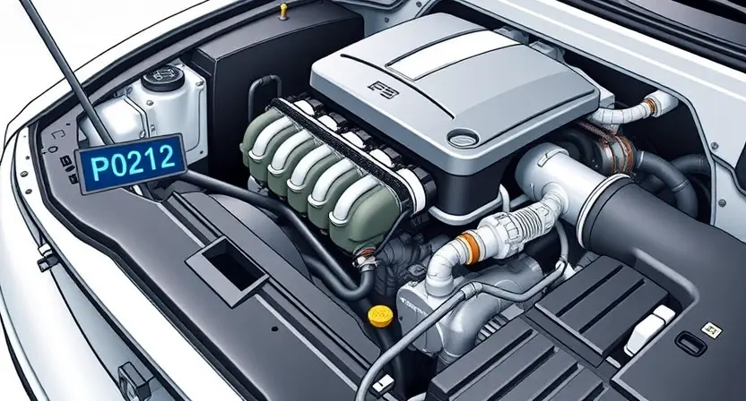 A detailed illustration of a car engine with a diagnostic error code P0212 highlighted. The engine should be realistically rendered, showing various components like the intake manifold, fuel injectors, and sensors. The error code should be clearly displayed on a digital display near the engine. The background should be a clean, white laboratory setting.