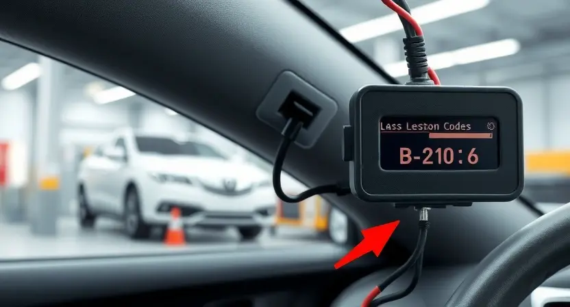 A close-up illustration of a car's keyless entry antenna circuit with visible wiring, connectors, and a diagnostic tool displaying error code B2106, showing signs of electrical fault such as frayed wires or corrosion, set against a clean automotive workshop background with soft lighting