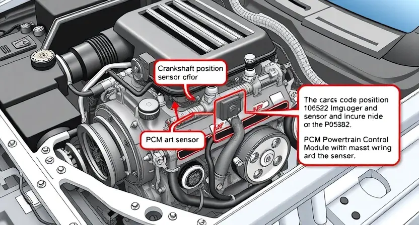 A detailed illustration of a car engine with a diagnostic code P0582 highlighted. The engine should be partially disassembled to show relevant components like the crankshaft position sensor and the PCM (Powertrain Control Module). Focus on the sensor and wiring related to the error code.