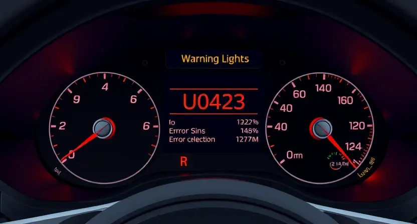 A high-quality technical illustration showing a car dashboard with warning lights and error codes, specifically highlighting the U0423 error message on a digital instrument cluster, clean lines, detailed components, professional lighting