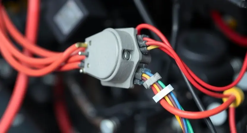 A close-up, detailed illustration of an automotive air conditioning system's wiring harness. Focus on the A/C circuit, highlighting the wires and connections related to the signal. The background should be blurred, suggesting the complexity of the system. The overall color palette should be realistic, with metallic tones and various wire colors.