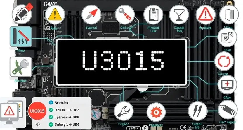 A high-quality technical illustration showing a computer motherboard with a highlighted error code U3015 displayed on a diagnostic screen, surrounded by icons of tools and error symbols, clean and professional visual style