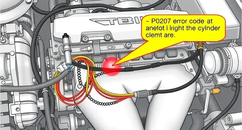 A detailed illustration of an engine's fuel injector circuit, specifically focusing on cylinder 7. Show the injector, fuel rail, wiring harness, and engine block. Highlight the P0207 error code with a visual indicator (e.g., a flashing light or a diagnostic display).