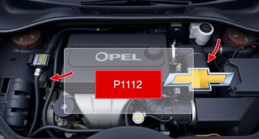 A detailed illustration of an Opel and a Chevrolet car engine bay, highlighting the P1112 error code displayed on a dashboard screen. Focus on the engine components and the digital display.