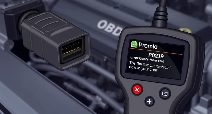 A detailed illustration of an OBD2 port on a car, with a diagnostic scanner connected. The scanner's screen displays error codes, specifically P0219. The background should be a slightly blurred image of a car engine bay. Focus on clarity and technical accuracy.