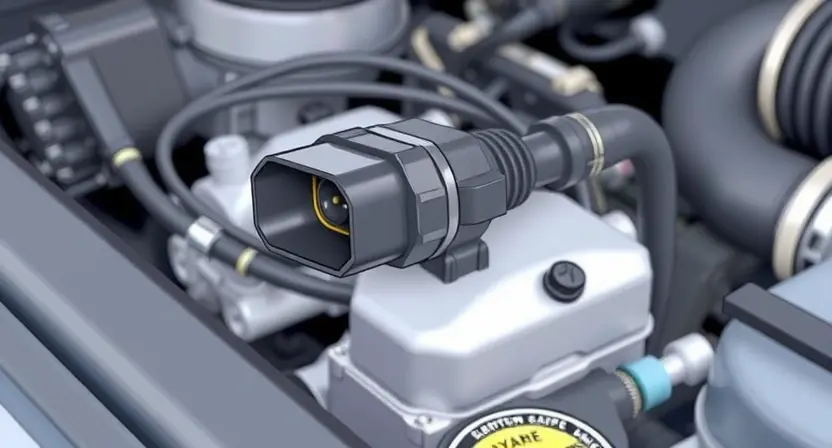 A close-up, detailed illustration of a car engine bay with a focus on the mass airflow sensor (MAF sensor). The sensor should be clearly visible, along with surrounding engine components like air intake hoses and wiring. The overall lighting should be bright and clean, highlighting the sensor's details. The background should be slightly blurred to emphasize the sensor.