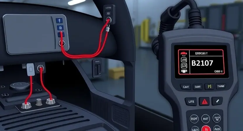 A detailed technical illustration of a car's keyless entry antenna circuit with visible wiring, connectors, and a diagnostic scanner connected to the OBD-II port, showing error code B2107 on the scanner screen, with circuit traces highlighted in red to indicate a fault, set in a well-lit automotive repair shop environment