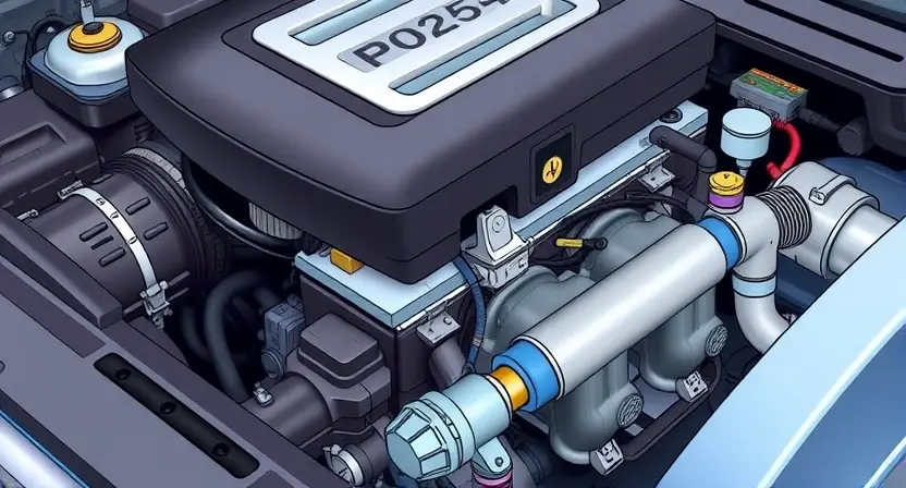 A detailed illustration of a car engine with a diagnostic code P0254 highlighted. The engine should be realistically rendered, showing various components like the catalytic converter, oxygen sensors, and exhaust system. The code P0254 should be clearly displayed on a digital display near the engine, with accompanying visual cues indicating the issue (e.g., a flashing warning light).
