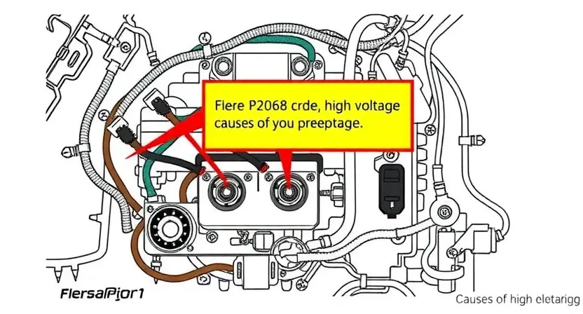 A detailed illustration of an engine control unit (ECU) with a highlighted P0268 code indicator. The image should show the wiring harness and components related to the fuel injector circuit. Focus on the electrical connections and potential causes of high voltage.