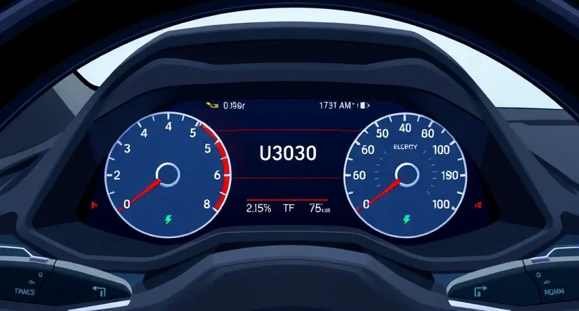 A detailed illustration of an electric vehicle dashboard displaying an error message 'U3030'. The dashboard should show various gauges and indicators, with the error message prominently displayed. The background should be a clean, modern interior of the car.