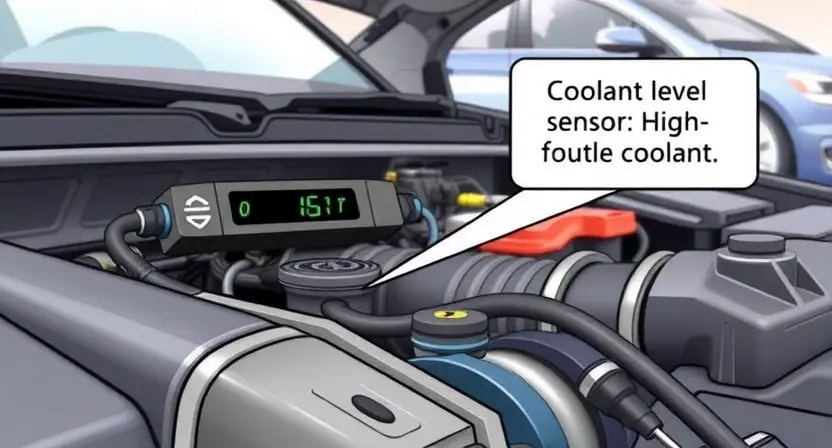 A detailed illustration of a car's engine bay, focusing on the coolant level sensor. The sensor should be clearly visible, with a digital display showing a high coolant level. Include hoses and wiring around the sensor, and a background suggesting a modern car.