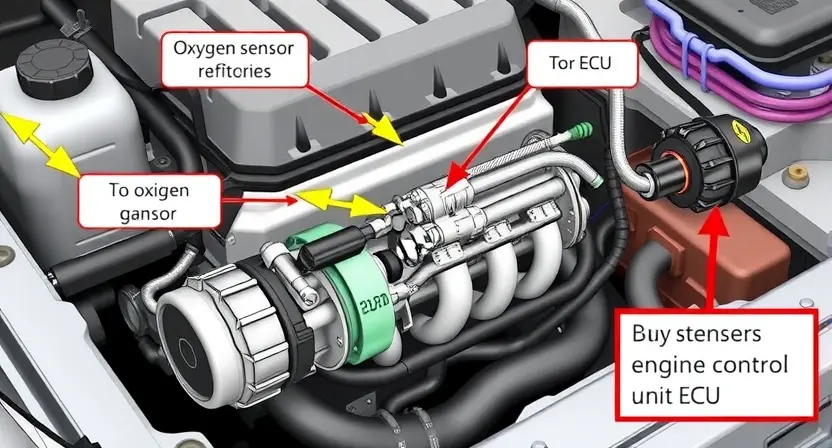 A detailed diagram illustrating a car's engine with a focus on the oxygen sensor and its connection to the engine control unit (ECU). Arrows should indicate the flow of exhaust gases to the sensor and the signal transmission to the ECU. Highlight the sensor's location on the exhaust manifold.